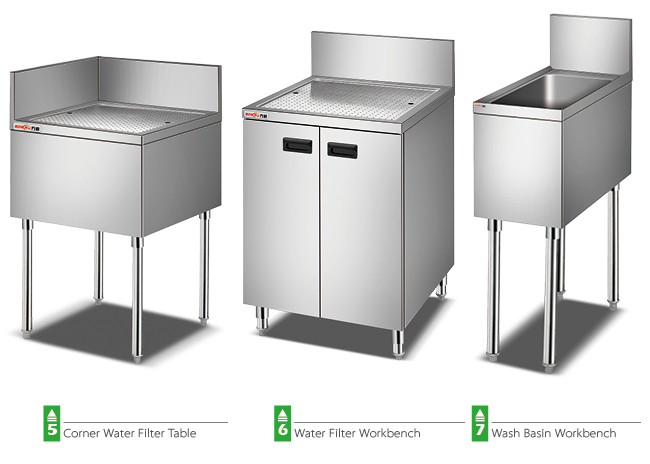Tabela de canto do filtro de água da indústria de restauração/tabela de trabalho de aço inoxidável da bacia de lavagem