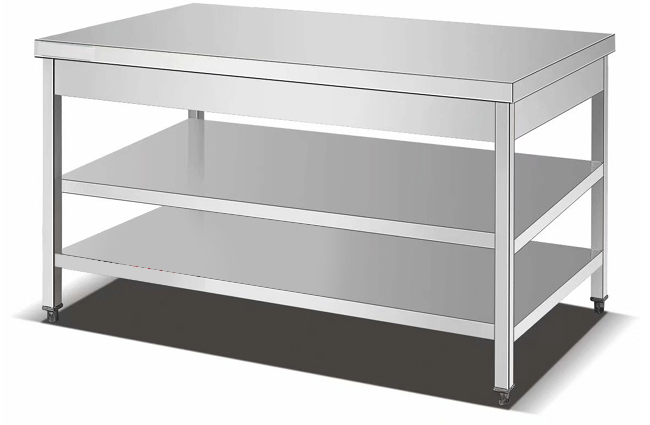 Conjunto de aço inoxidável da tabela de trabalho do restaurante que cerca o Worktable de três plataformas com a cremalheira do armazenamento comercial do espaldar