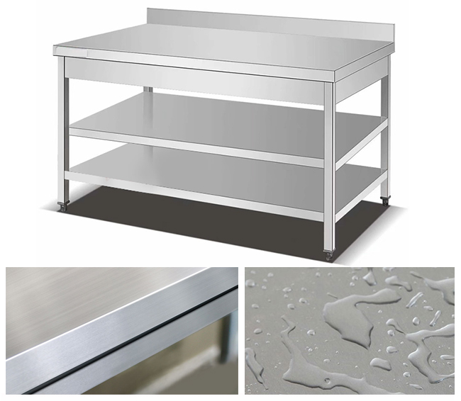 Conjunto de aço inoxidável da tabela de trabalho do restaurante que cerca o Worktable de três plataformas com a cremalheira do armazenamento comercial do espaldar